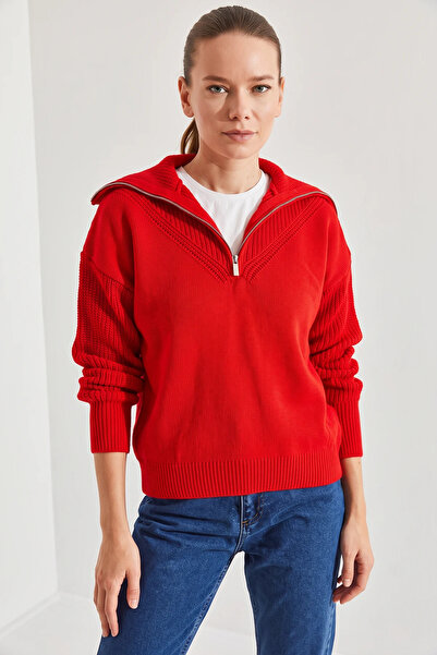 Efnaz style Women's Turtleneck Zippered Knitwear Red Sweater