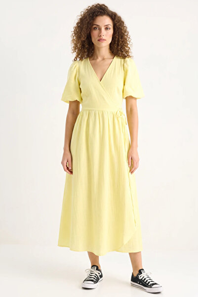 Efnaz style Women's Double-Breasted Balloon Sleeve Long Muslin Yellow Dress
