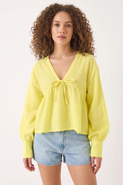 Efnaz style Women's V-Neck Muslin Yellow Blouse with Tie Detail