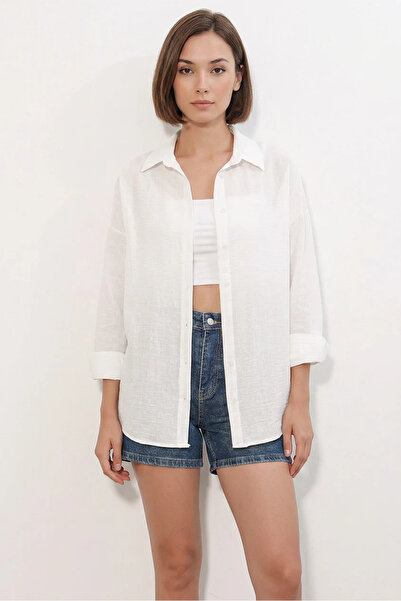 Generic Brand Women's Oversize Cut Linen Bebeyaz Shirt