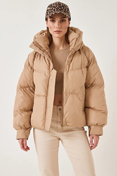 Efnaz style Women's Hooded Inflatable Beige Coat