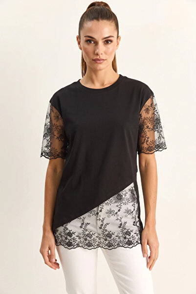 Şeker Portakalım Women's Crew Neck Lace Garnished Asymmetrical Cut Relaxed Fi...