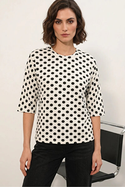 Şeker Portakalım Women's Round Neck Oversize Polka Dot White Blouse