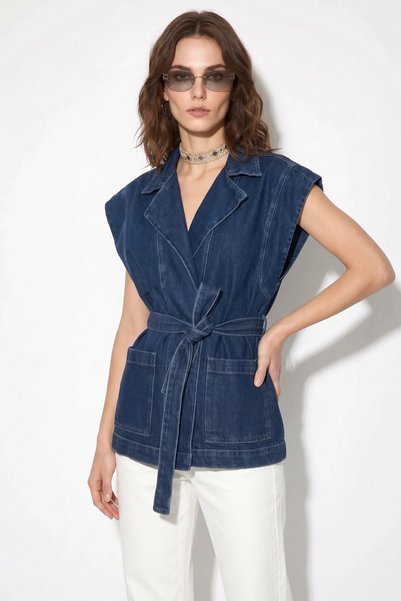 Generic Brand Women's Belted Pocketed Double-Breasted Collar Denim Navy Blue Vest