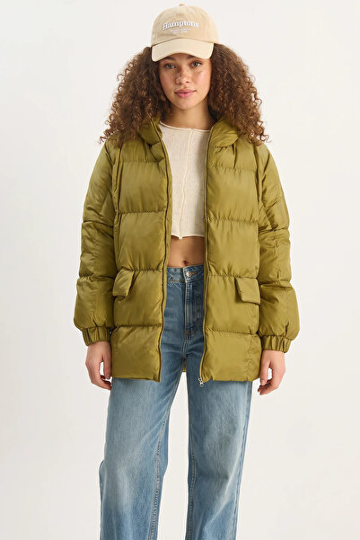 Generic Brand Women's Hooded Oversize Bat Sleeve Inflatable Green Coat