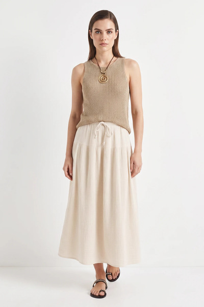 Efnaz style Women's Elastic Waist Lace-Up Muslin Midi Cream Skirt