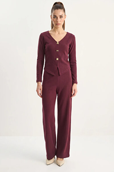 Efnaz style Women's V-Neck Button Accessory Detailed Thessaloniki Plum Top an...
