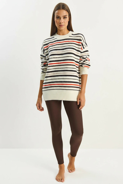 Efnaz style Women's Crew Neck Striped Knitwear Cream Sweater