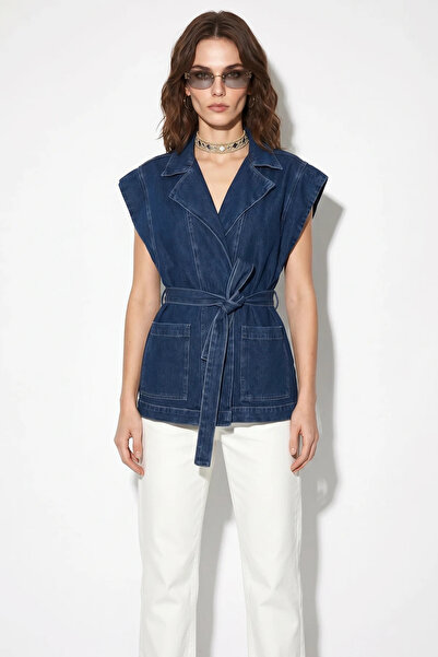 Efnaz style Women's Belted Pocketed Double-Breasted Collar Denim Navy Blue Vest