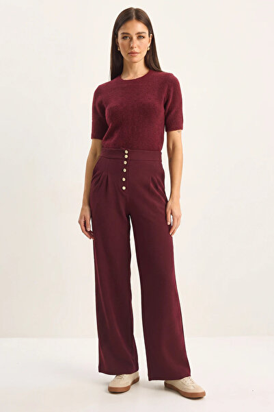 Efnaz style Women's Gold Button Detailed Pleated High Waist Palazzo Burgundy ...