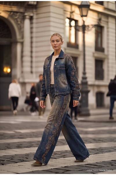 it's basic Kadın Koyu Kot 4w6-32 Oversize Nakış Detaylı Tasarım Denim Ceket