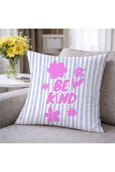 Evmila Be Kind Pink Floral Blue Striped Decorative Throw Pillow Cover Modern ...