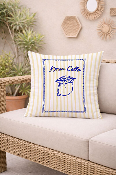 Evmila Limon Cello Yellow Blue Striped Decorative Throw Pillow Cover Mediterr...