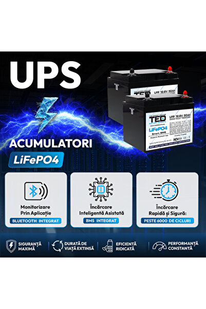 TED Electric Pachet UPS 2500VA/1800W Runtime Extins cu 2x Acumulatori Externi LiFePO4 12V 50Ah, până la 6.000 de Cicluri, BMS Inteligent, Monitorizare Bluetooth, Undă Sinusoidală Pură și 2 Prize Schuko
