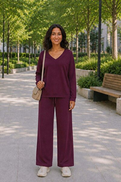 Mossta V-Neck Relaxed Fit Trouser Suit - Burgundy