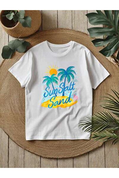 2BIR Women's Y2K Aesthetic Tropical Palm Tree Sun T-Shirt - Crew Neck Short S...