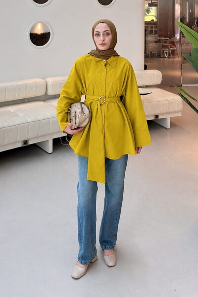 lamelif Buckle Detailed Long Belted Shirt in Fat Green