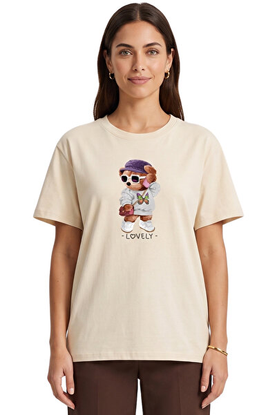 DK DAKSEL Women's Beige Lovely Teddy Bear Printed T-Shirt 100% Cotton Comfort...