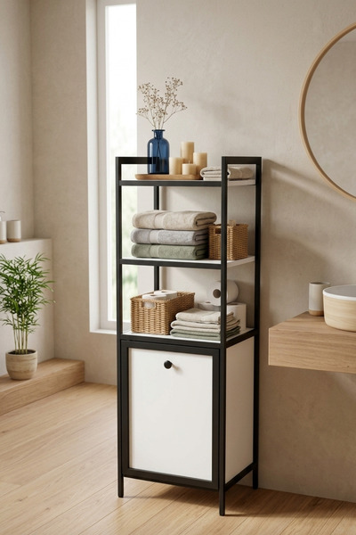 Mudesa Metal Ahşap Banyo Rafı Düzenleyici Çamaşır Kirli Sepeti Dolabı Rafı