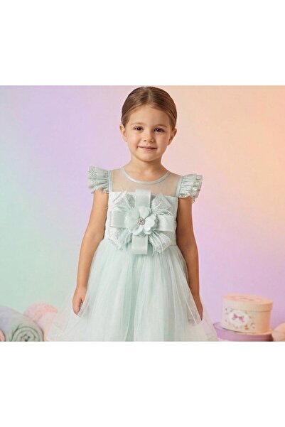MİSS RAİN Girls' Evening Dress with Large Flower Detail and Shoulder Ruffles