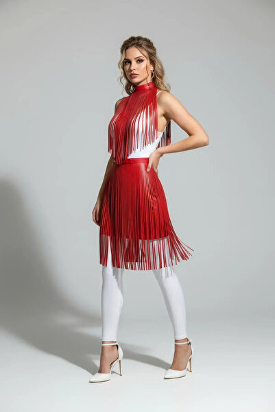 Angels Passion Red Tasseled High Waist Faux Leather Over-The-Knee Skirt