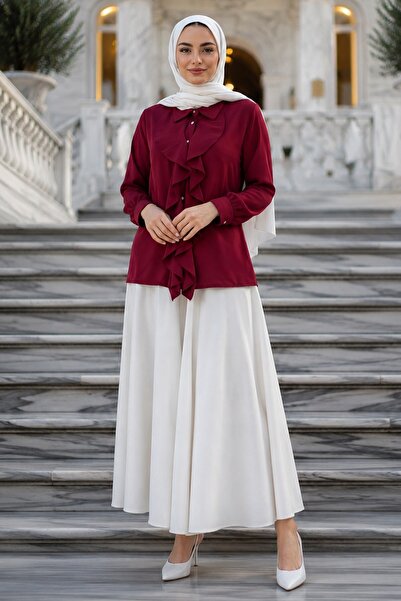 hafsamina Ruffled Front Shirt Burgundy Hm2949