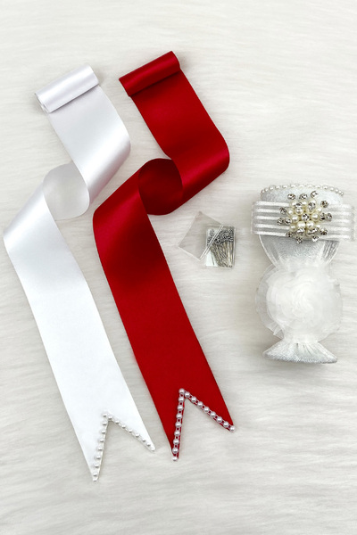 ZEYMERADE Jewelry Ribbon Set, White Brooch Pin, Red and White Pearl Bridal Gr...