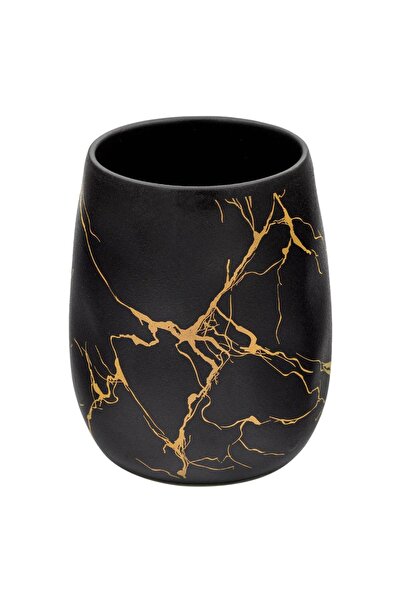 Zâna Casei Black Oval Ceramic Toothbrush Holder with Gold Stripes 6.5x10.5cm