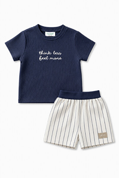NOBLEKIDS Girl's Crop T-Shirt and Striped Shorts Set Navy Blue
