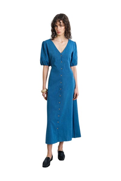 French Connection Women Zaves Chambray Denim Puff Sleeve Midi Dress