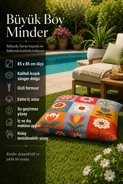 Moud's Çiçek Desenli 85x85 Yer Minderi, Baskılı Su İtici Yer Minderi, Konforl...