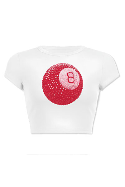 designedfy Kadın Beyaz Retro Pink 8 Ball Baskılı Pamuklu Crop Tişört