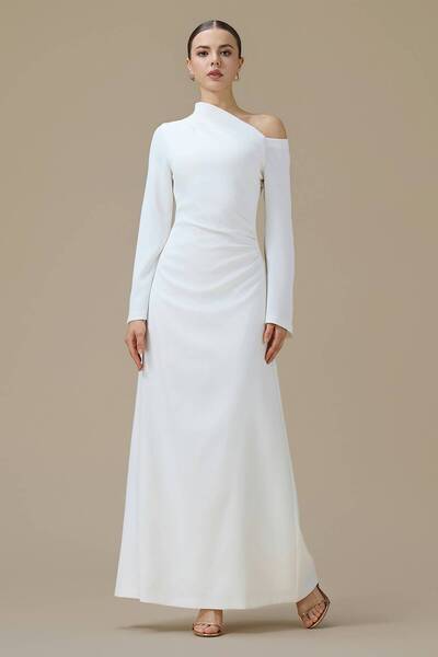 Rama Elegant White One-Shoulder Maxi Dress with Draped Detail