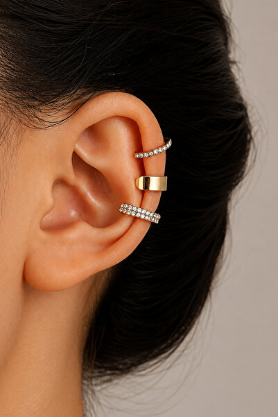 TREND COLLECTİON Women's 3-Piece Ear Cuff Earring Set Gold and Stone Cartilag...