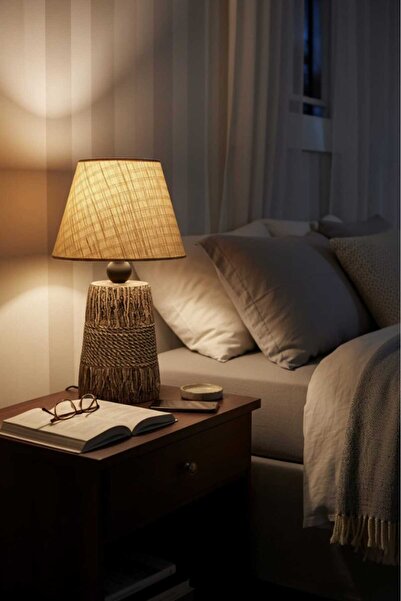 BSA LIGHTING JÜT MODERN BOHEM MASA LAMBASI (TAŞ GÖVDELİ)(HASIR DOKU KREM KONİ...