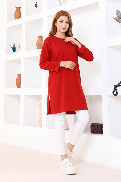 nacar çarşı Women's Red Oversize Tunic T-Shirt – Long Sleeve, Round Neck, Rel...