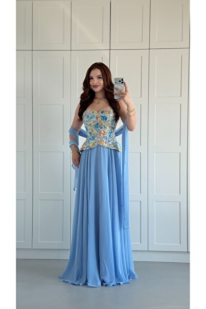 ayşenur Dinçer butik Majeste Özel Şifon Abiye Bebe Mavisi