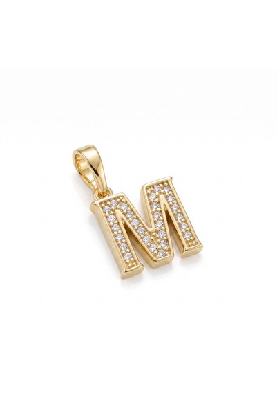 Zeino M Harfi Zirkon Taşlı Minimal Kolye Ucu - 14k Altın Kaplama - 11 x 16 mm
