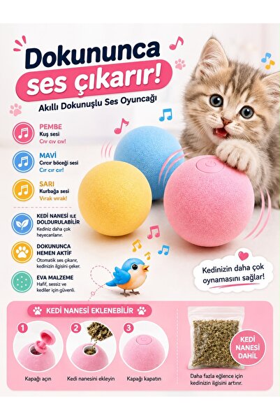 HAYHAYPETSHOP Akıllı Dokunmatik Kedi Oyuncağı Sesli Top – Kuş, Kurbağa ve Cır...