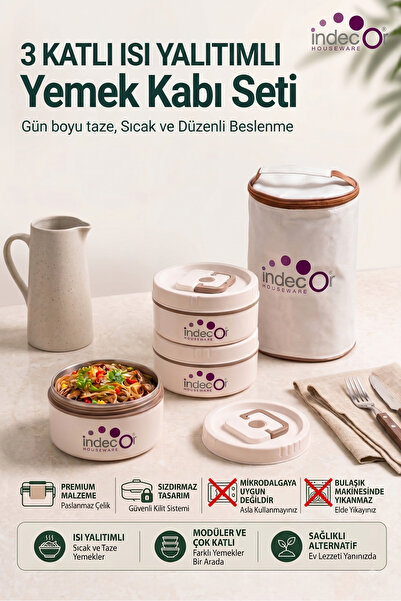 İndecor Houseware Isı Yalıtımlı Çantalı 3 Parça Vakumlu Lunch Box Yemek Termo...