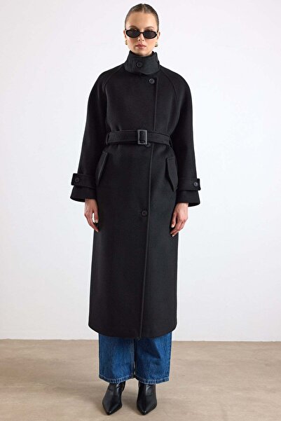 Olcay Dik Yaka Pat Detaylı Oversize Kaban SİYAH 3177
