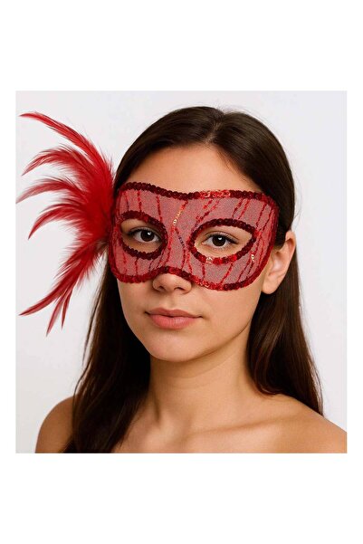 pınaxar Red Color Side Feathered Sequin Embroidered Party Mask 23X12 cm