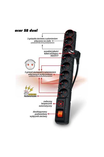 ACAR S8 Prelungitor negru cu protecție dublă la supratensiune, 8 prize, 5m