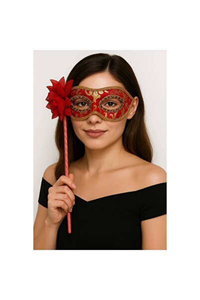 pınaxar Luxury Stone Handled Masquerade Mask Red Color 35 cm