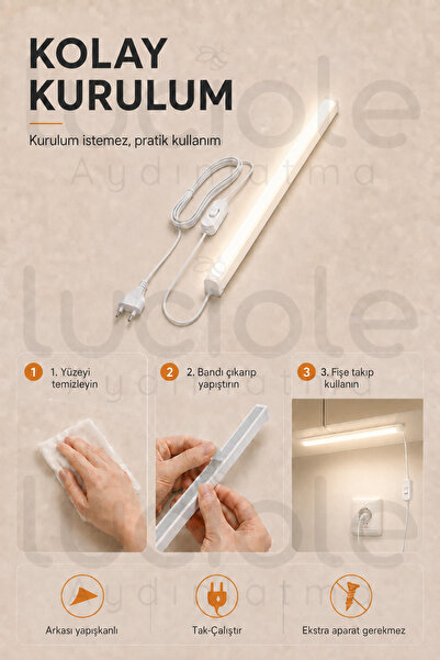 luciole 220V Günışığı LED Bar 50 cm Fişli Anahtarlı Yapışkanlı Tezgah Altı Dolap İçi Aydınlatma