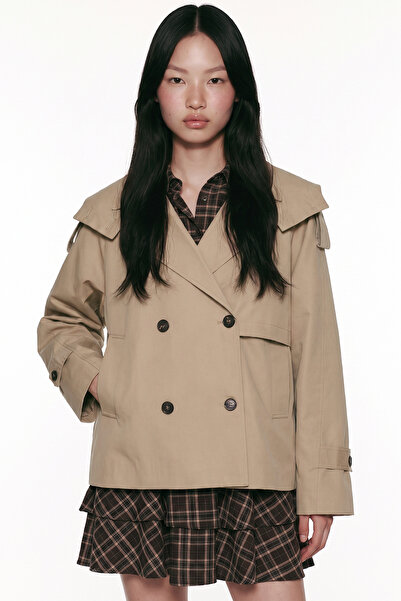 Quzu Hooded Oversize Short Trench Coat Beige