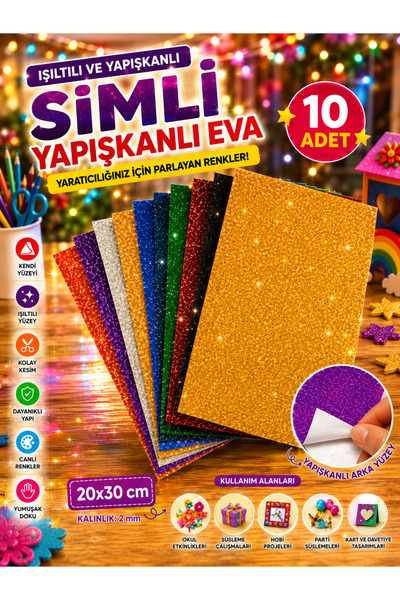 u.s.m ucuzsanalmarket A4 Simli Yapışkanlı Eva 10’lu Karışık Renk