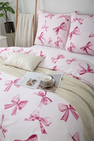 NO BRAND Set lenjerie de pat 160x200 satin 100% bumbac cu funde imprimate
