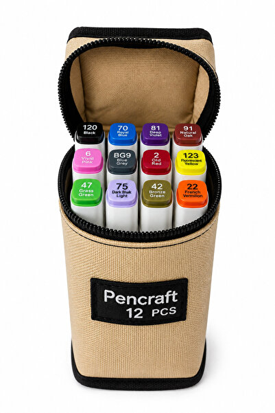 BEYZANA Pencraft Bej Çantalı 12 Adet Çift Taraflı Profesyonel Marker Boya Kel...