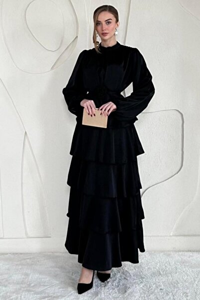 Generic Brand Black Satin Layered Dress with Rose Detail